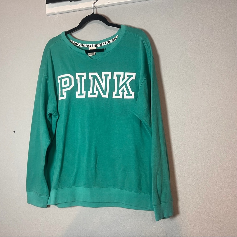 PINK by Victoria's Secret Sweatshirt Size Large Teal Green Large Spellout